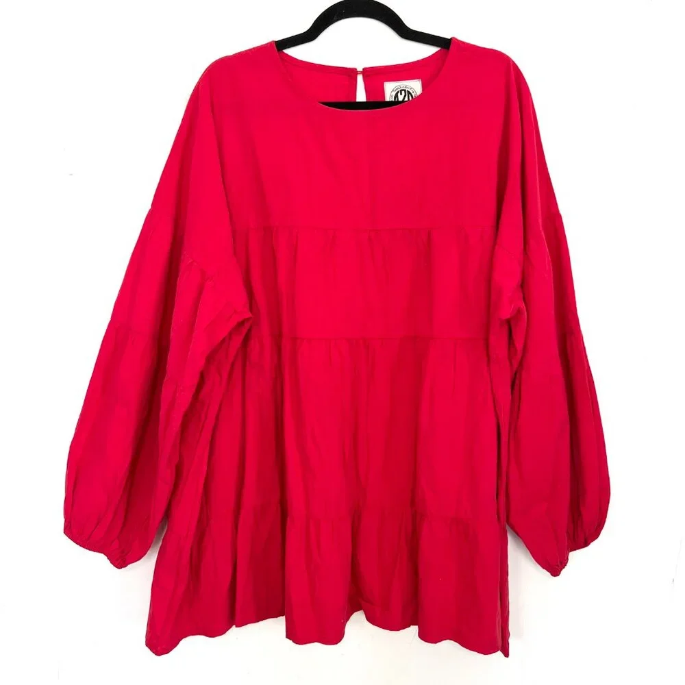 NWT Cranberry Red Cotton Balloon Sleeve Tiered Top Tees2urdoor 3XL XXXL zq - Picture 6 of 6